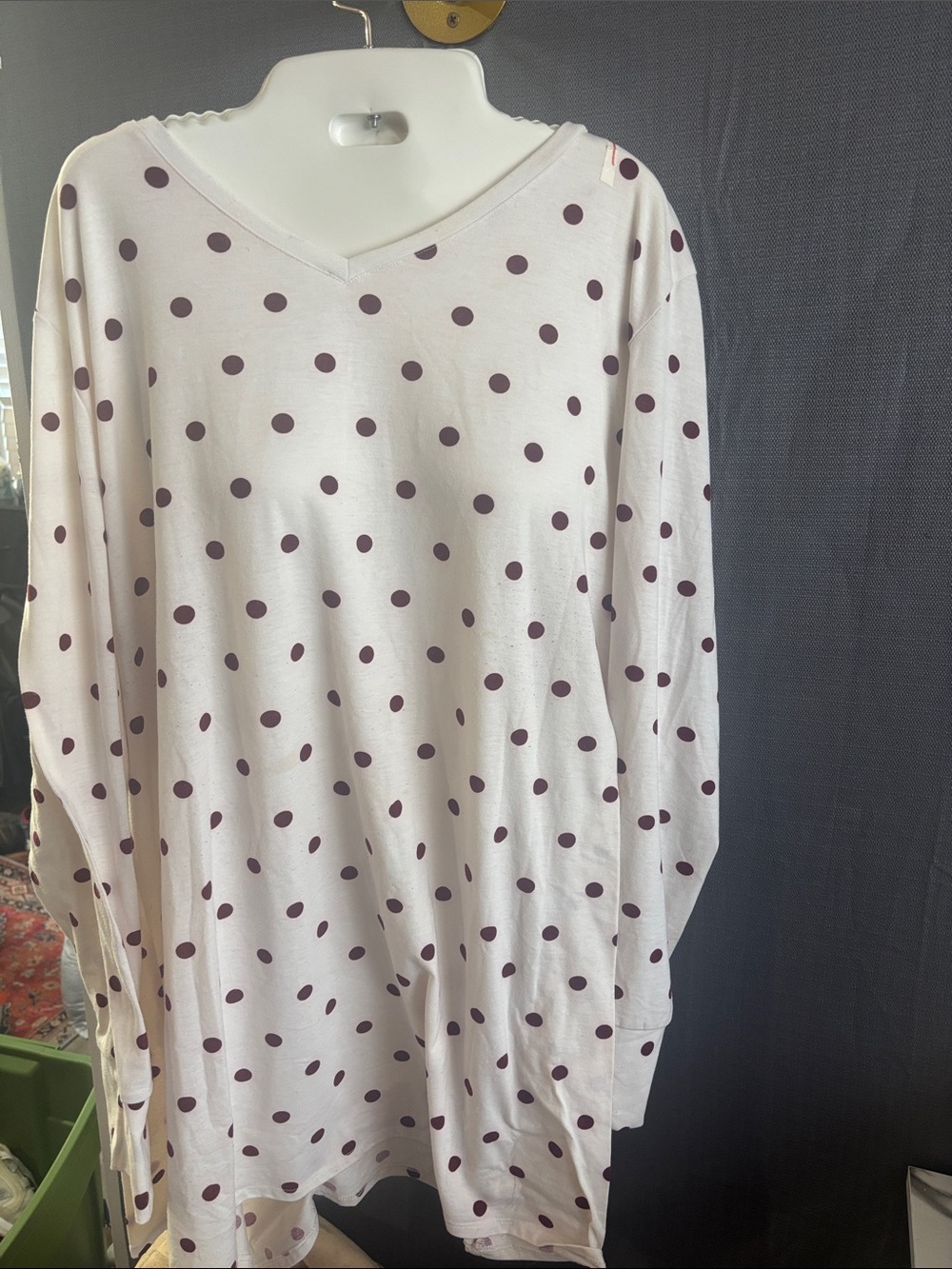 LuLaRoe Cream Long Sleeve Top with Burgundy Polka Dots